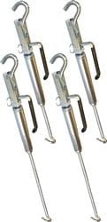 The Lippert HappiJac Qwik-Load Camper Turnbuckle Tie-Downs, model 182895, are a set of four lever-action turnbuckles designed to quickly and securely fasten a truck bed camper to a tie-down system.
