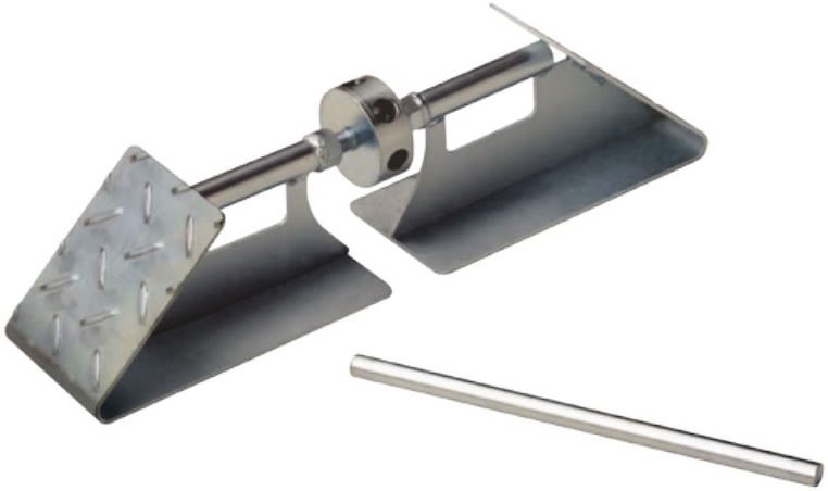 The BAL 28000A Standard Tire Locking Chock is designed to stabilize travel trailers and RVs by locking tandem wheels against each other, which prevents the vehicle from rolling or shifting. It is made from zinc-plated steel.