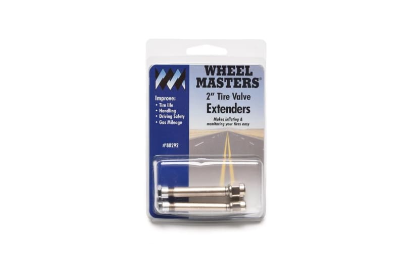 The Wheel Masters 2" Straight Valve Extenders, 2-Pack (part #80292) are made from nickel-plated brass and are designed to make it easier to access hard-to-reach valve stems on dual tires for checking pressure and inflation.