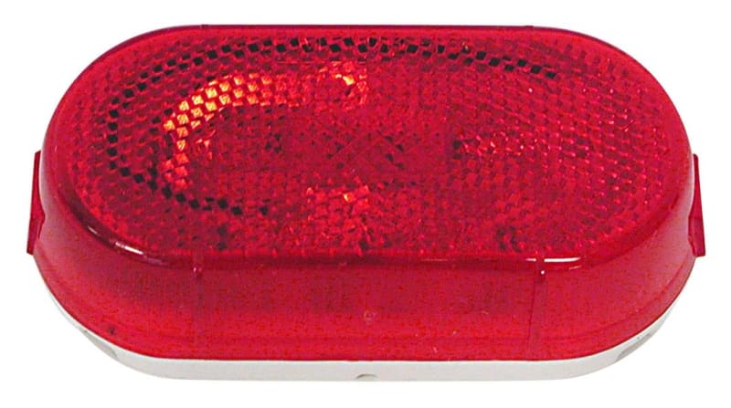 The Peterson Manufacturing V108WR is an incandescent, red oval clearance and side marker light designed for RVs and trailers. It is a complete, single-bulb unit that includes a molded base and an acrylic lens.