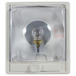 The Arcon 11824 is an Economy Series 12-volt, surface-mount rectangular overhead dome light designed for RVs and trailers, featuring a single, replaceable incandescent bulb. Has a white base, a clear optic snap-in lens, and a 2-position on/off switch.