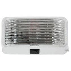 The Arcon 20673 Rectangular LED Porch Light, which has a white base, clear lens, and a built-in switch. It is designed for use on recreational vehicles (RVs) and trailers.