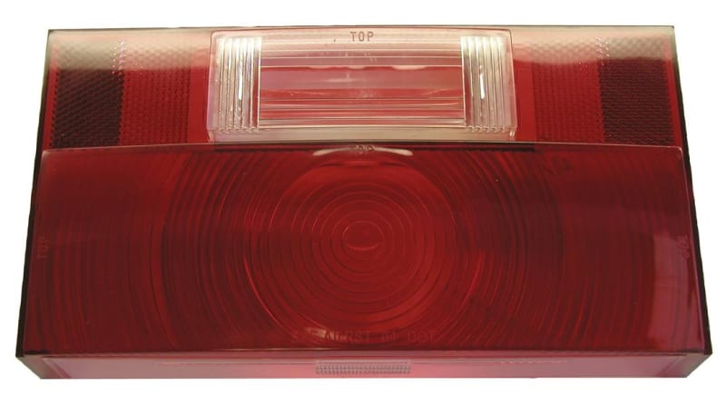 The Peterson Replacement Tail Light Lens, V25914-25, is a replacement lens for the Peterson Light Series V25914, which is commonly used on RVs and trailers. It features integrated sections for a backup light and a license plate light.