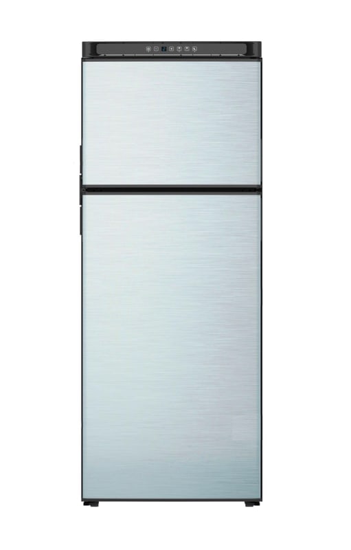 The Norcold Polar N10DCSSR is a 10 cubic foot, 12V DC compressor-powered refrigerator with a freezer, designed for RV and off-grid use. It features stainless steel doors, recessed handles, and a modern appearance.
