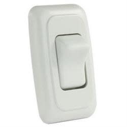The JR Products 12005 is a single On/Off Rocker Switch assembly with a white bezel, designed primarily for RV and marine interior applications.