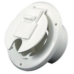 The JR Products S-23-10-A Economy 4.5"D Polar White Round Electric Cable Hatch. It is a replacement cord hatch for RVs and campers, designed to accept a 30-amp cord. The hatch is made of UV-stabilized plastic and has no metal parts to rust or corrode.