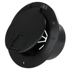 The JR Products 541-3-A Black Deluxe Round Electric Cable Hatch with Back. It is designed for RVs and accepts both 30 and 50 amp cords.