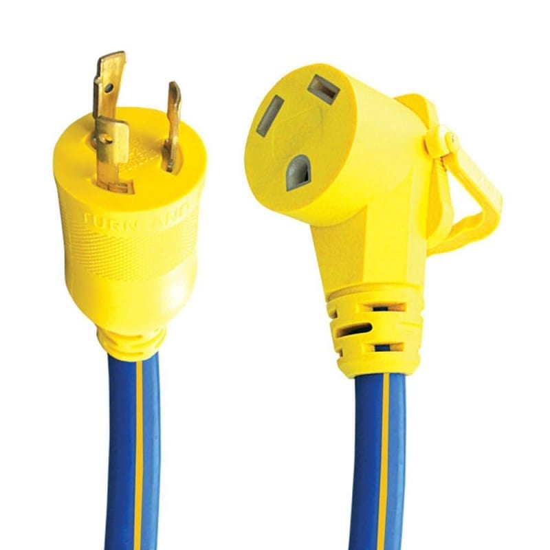 The AP Products 16-00506 E-Zee Grip 18" Generator Adapter. This cord adapts a generator's 30-amp NEMA L5-30P locking-style plug to an RV's standard 30-amp TT-30R female receptacle.