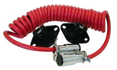 The Roadmaster 146 Flexo-Coil Power Cord. This 6-wire coiled cable is designed to connect a towed vehicle's electrical system to a motorhome or RV. The coiled design allows it to expand to over 8 feet and then retract, preventing tangling and dragging.