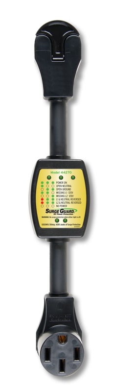 The Southwire 44270 is a 50 Amp Surge Guard portable surge protector designed to safeguard RV electrical systems and electronics from faulty park power. It acts as an entry-level circuit analyzer and surge suppressor.