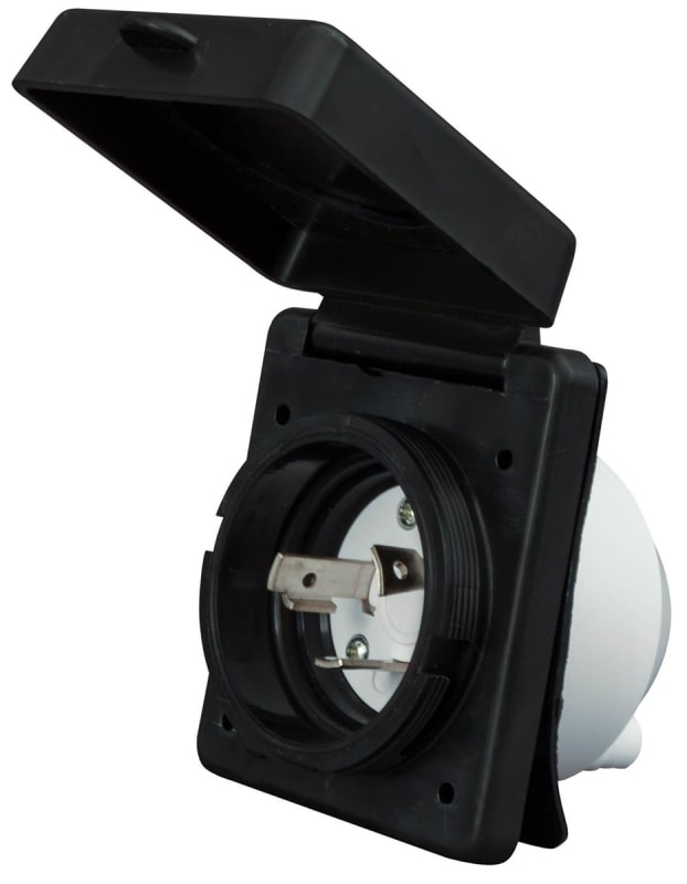 The Valterra Mighty Cord A10-30INBKVP 30 Amp Power Inlet - Black, is a single-receptacle inlet used for connecting a power cord to a vehicle, such as an RV or camper. It is constructed from durable, UV-resistant polyester and features a watertight cover.