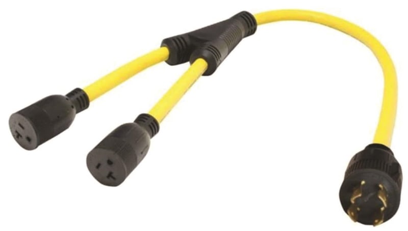 The Valterra A10-G30420Y Mighty Cord Generator Y Adapter is a 3-foot cord that adapts a 30 Amp, 4-prong generator outlet (NEMA L14-30P) to two 15/20 Amp household outlets (NEMA 5-20R).