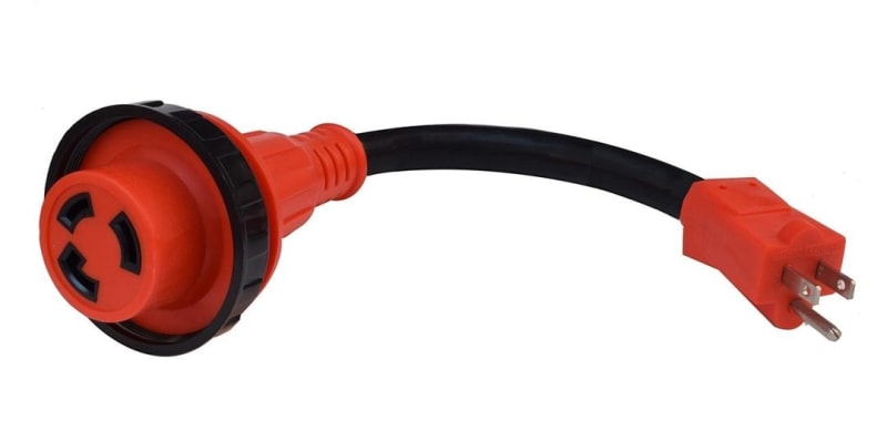 The Valterra Mighty Cord Detachable 12" Locking Adapter Cord, A10-1530DVP, Red (Carded) is a 15-amp male to 30-amp female twist-lock power adapter for RVs. The adapter allows you to connect an RV with a 30-amp, twist-lock power inlet to a standard 15-amp.