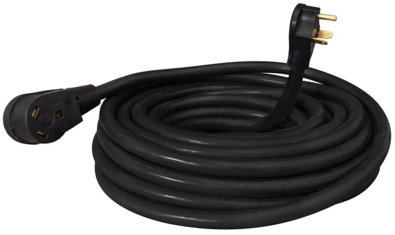 The Valterra Mighty Cord A10-3050E is a 50-foot, 30-amp RV power extension cord. It is made with heavy-duty, 10-gauge wire and has a durable rubber jacket designed for outdoor use.