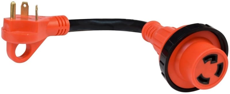 The Valterra Mighty Cord RV Power Cord Adapter, part number A10-3030HDVP, is a 30-amp male to 30-amp female twist-lock "dogbone"-style adapter. It allows you to use a standard 30-amp RV extension cord with a 30-amp twist-lock power inlet on your RV.