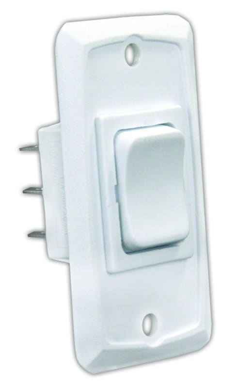 The JR Products 12835 Momentary-On/Off/Momentary-On Switch, a white double-pole double-throw (DPDT) rocker switch designed for 12-volt systems, often used in RV and marine applications.