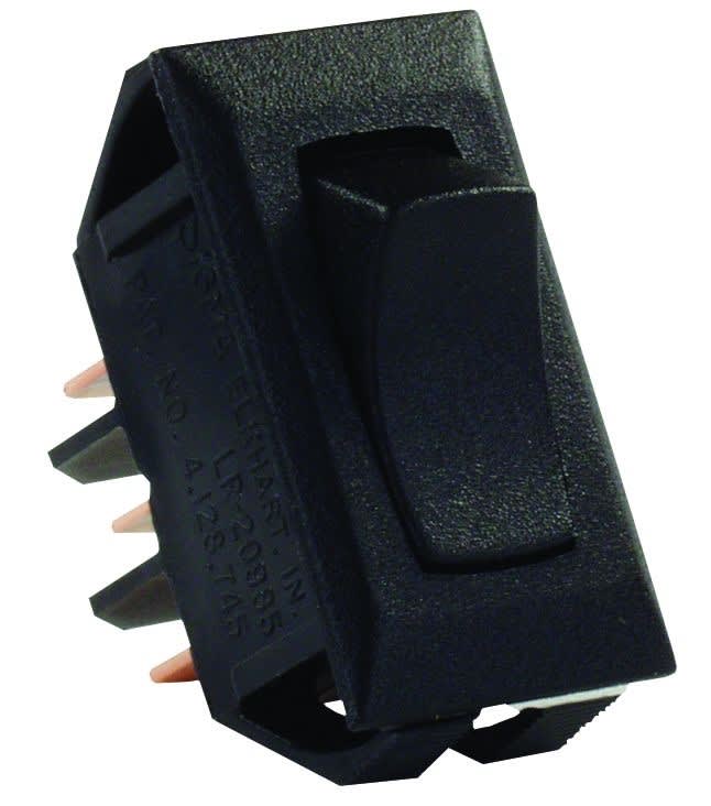 The JR Products 12665 Standard 12V On/Off/On Switch, Black. It is a single pole double throw (SPDT) rocker switch designed for RV and general 12-volt applications.