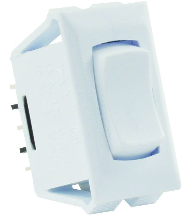 The JR Products 12695 White SPDT Momentary-On/Off/Momentary-On Switch, which is commonly used for RV and marine applications.