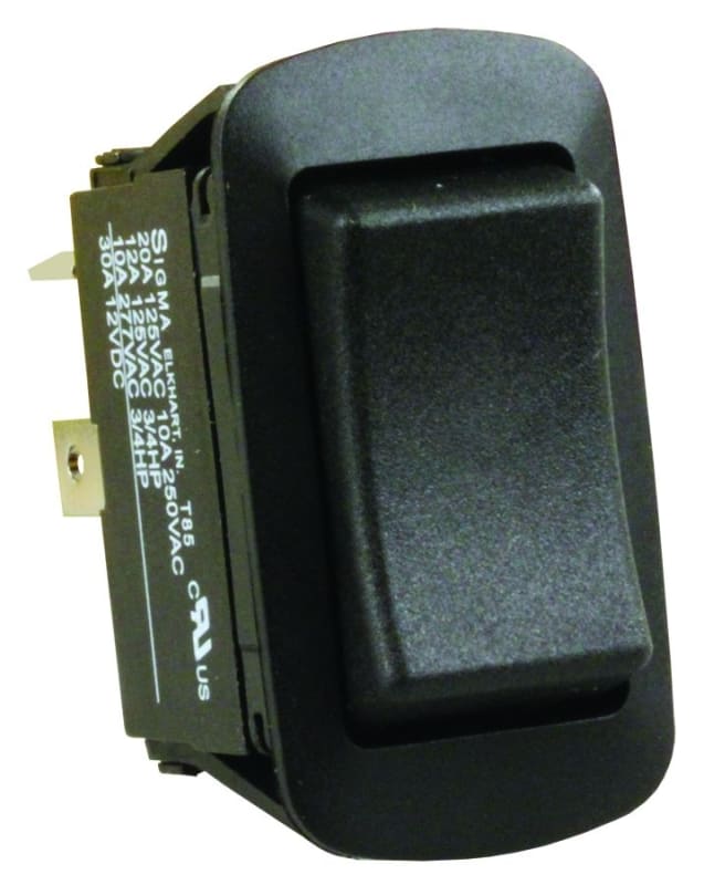 The JR Products 13865 Multi Purpose Switch, which is a 12 volt 20 amp, black, momentary on-off-momentary on (DPDT) rocker switch. It is widely available from several online retailers.