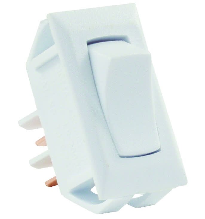 The JR Products 13665 is a white, non-illuminated Momentary On-Off Rocker Switch commonly used for RV interior lighting, appliances, or slide-out operations.