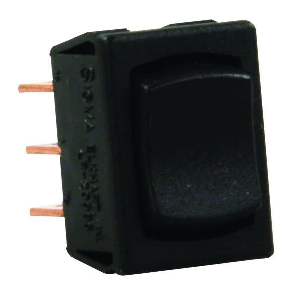 The JR Products 13725  Mini Switch is Mom-On/Off/Mom-On Switch in black, a single pole double throw (SPDT) switch suitable for 12V applications and more. It can be purchased from various online retailers specializing in RV and trailer parts.