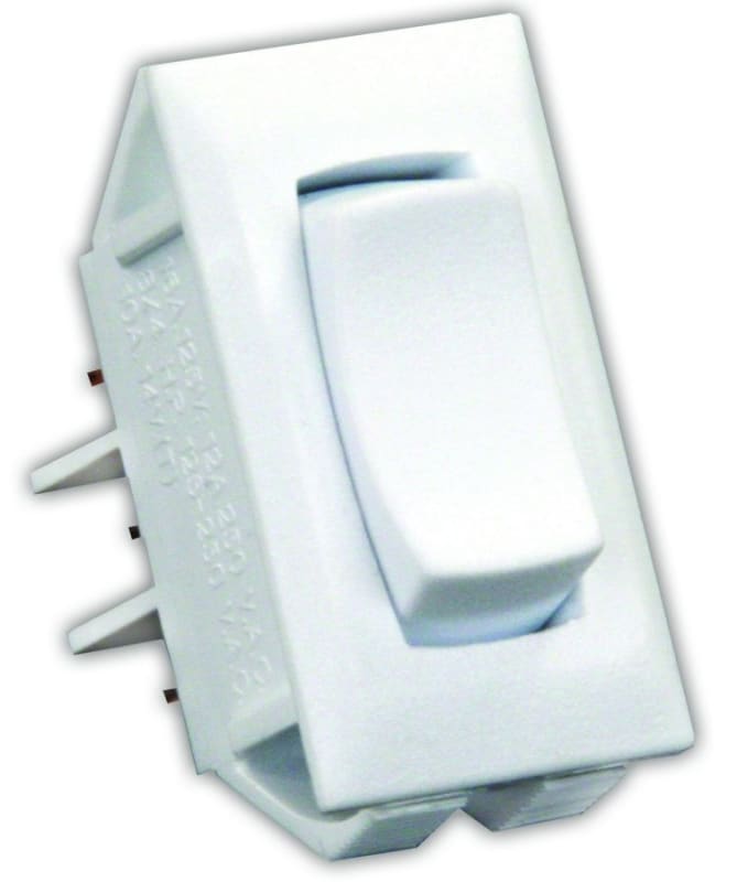 The 12-volt RV switch you are looking for is the JR Products 13435 SPDT On-Off-On Switch in polar white. It is a non-illuminated rocker switch commonly used for interior lighting and appliances in RVs.
