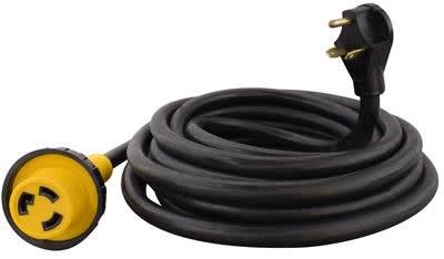 The Valterra A10-3025EDBK Mighty Cord Detachable Power Cord is a 25-foot, 30 amp RV power cord featuring a standard male plug (TT-30P) and a detachable, twist-lock female receptacle (L5-30R).