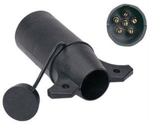 The Husky Towing 30314 adapter connects a 7-way blade vehicle socket to a 6-way round trailer plug, and the center pin can be switched for an auxiliary or electric brake function.