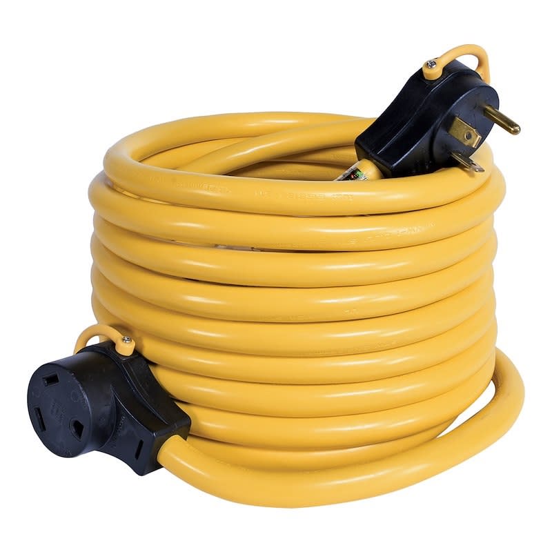 The Arcon 11533 RV extension cord is a 25-foot, 30-amp power cord for RVs, featuring a yellow, heavy-duty design with an easy-grip handle for safe unplugging.