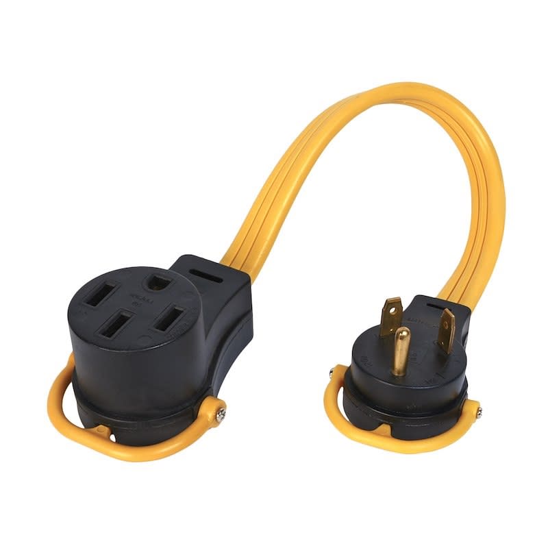 The Arcon 14372 is an 18-inch pigtail adapter cord designed to connect a 50-amp RV power inlet to a 30-amp power source, such as at a campground pedestal.