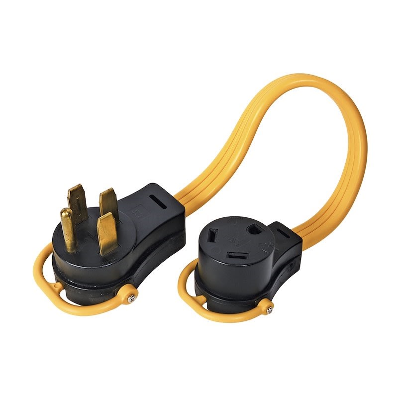 The Arcon 14368 30 Amp Female to 50 Amp Male Electrical Cord Pigtail is an 18-inch RV adapter used to connect a 50-amp RV to a 30-amp power source at a campground.
