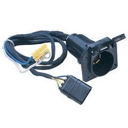 The Husky Towing 13166 4-Wire Flat to 7 Blade Adapter, which converts a vehicle's 4-flat connection to a 7-way blade connection. It provides basic lighting functions but does not support electric brakes or auxiliary power unless hardwired separately.