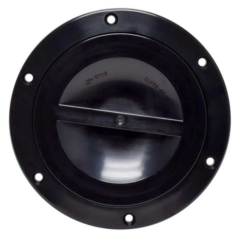 The Valterra A10-2171BKVP is a 5-inch round access hatch made of UV-resistant ABS plastic with a waterproof seal, designed for use on RVs, boats, and horse trailers. It provides access to plumbing, electrical, and cargo areas.