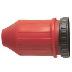 The Valterra A10-50ACVVP Mighty Cord Waterproof 50 Amp RV Cover is a red plastic cover with a threaded locking ring designed to protect 50 amp twist-lock electrical connections from moisture and debris.