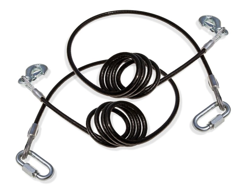 The ROADMASTER Towing Safety Cable 2PK, 674 are 80-inch, galvanized steel, coiled-to-straight cables with a breaking strength of 8,000 lbs per pair, designed to provide a secure connection when towing.