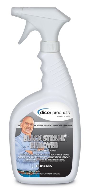 The Dicor Black Streak Remover Cleaner, CP-BSR320S, is a professional-strength, 32 oz spray cleaner designed to easily and safely remove stubborn black streaks, road grime, and grease from various RV exterior surfaces.