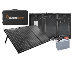 The Samlex 90 Watt Portable Solar Panel, MSK-90 is a complete portable solar charging kit designed for use with 12V lead acid batteries, popular for RV and off-grid applications. The kit is easy to use and includes everything needed.