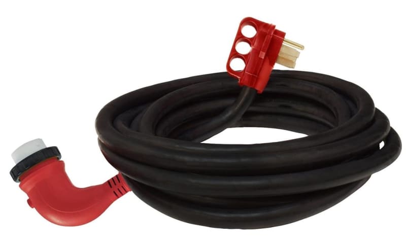 The Valterra A10-5025ED0ED Mighty Cord is a 25-foot, 50-amp power cord designed for RVs and generators, featuring a twist-lock female end for secure, weatherproof connections.