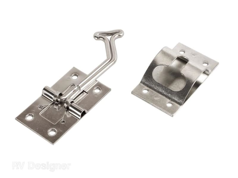 The RV Designer E275 entry door holder is a 45-degree, T-style door holder made of stainless steel that is designed to keep your RV's entry door securely open. It is a self-closing, spring-loaded mechanism and includes fasteners for easy installation.