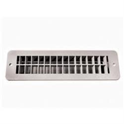 The RV Designer H850 is a white plastic floor register vent with a damper designed for RV use, featuring outer dimensions of 12 inches by 3.5 inches and a cut-out size of 10 inches by 2-3/8 inches.