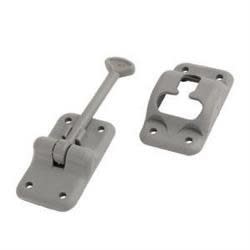 The RV Designer E234 is a grey 3-1/2" T-style plastic entry door holder used for propping open RV entry doors.