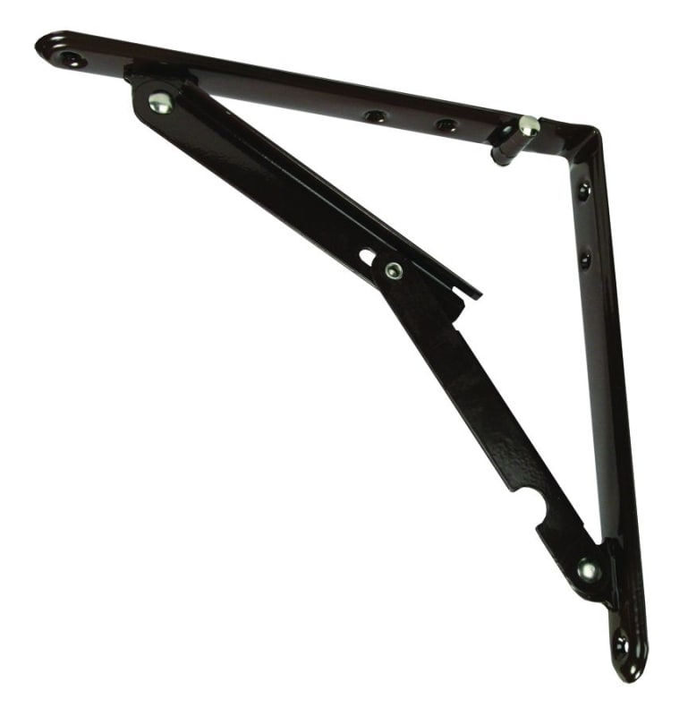 The JR Products 20735 Folding Shelf Bracket in Brown. It provides sturdy support for any type of fold-down shelf and is commonly used in RVs to increase counter or shelf space.