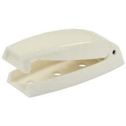 The RV Baggage Door Catch in Colonial White (2-pack, Part Number 10254) is a "bullet-style," spring-loaded catch manufactured by JR Products. It is designed to hold RV compartment and baggage doors open securely during loading or unloading.