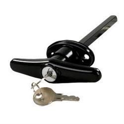 The JR Products 10985 Black Locking T-Handle, designed as a replacement for many truck caps, bed covers, and tool boxes. It is constructed of sturdy die-cast steel and comes with keys.