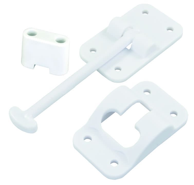 The JR Products 10414B is a T-style door holder with a door bumper used for doors in trailers and rv's.