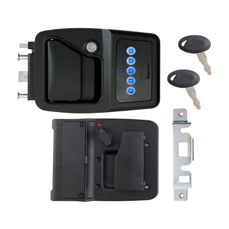 The AP Products 013-5311 Motorhome Entry Door Lock Latch Assembly Digital Keypad features Bluetooth keyless entry and a deadbolt function. It is a direct replacement for standard motorhome door locks and fits into a 4-15/16" x 4-1/2" cutout.