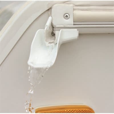 The Camco 42123 RV Gutter Extensions in white. These clip-on extensions are designed to direct rainwater away from the sides of your RV, helping prevent dirt and black streaks.
