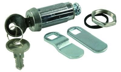 The JR Products 00185 Deluxe Compartment Door Key Lock is a 1-3/8" keyed cylinder lock designed as a universal, weather-resistant replacement for RV baggage compartment doors.
