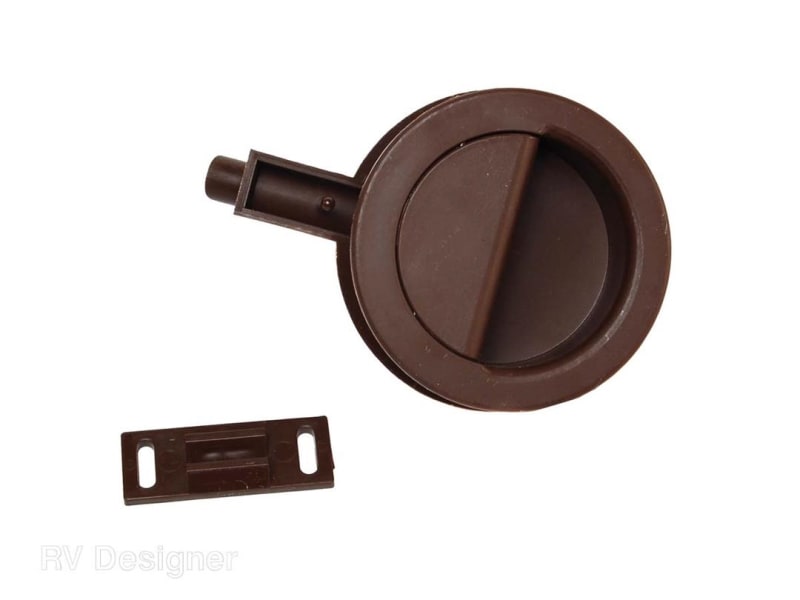 The RV Designer H243 is an antique bronze positive catch door latch for RV cabinets and baggage doors.