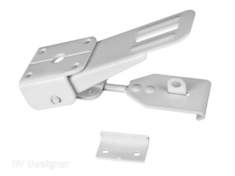 The "POP UP CAMPER LID LATCH WHITE, E316" is a specific replacement part made by RV Designer designed to secure the lids of folding campers during storage or travel.